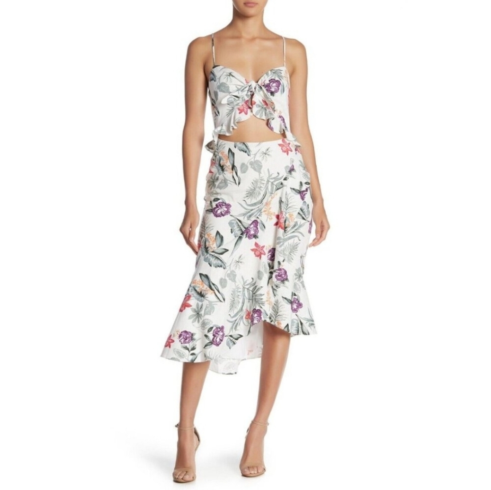 WAYF Womens Small Mahari Cutout Midi Dress Ivory Tropical Ruffle Hem Linen Blend